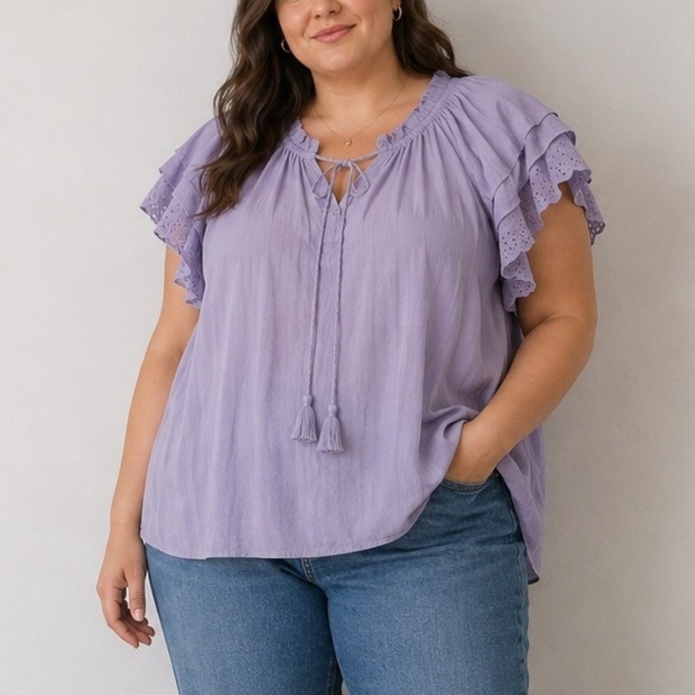 NWT Rose + Olive Lavender Purple Ruffle Eyelet Lace Tassel Tie Blouse | Size 1X